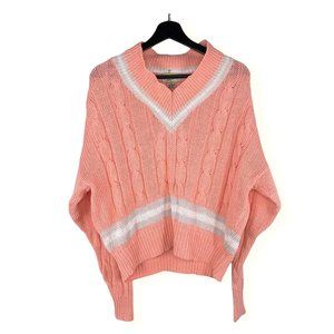 Vintage 80s Diane Von Furstenberg Pink Oversized Preppy V Neck Sweater Large